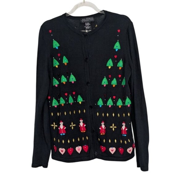 All Points Christmas Cardigan Womens Size Small Black Applique Santa Sweater - Picture 1 of 11